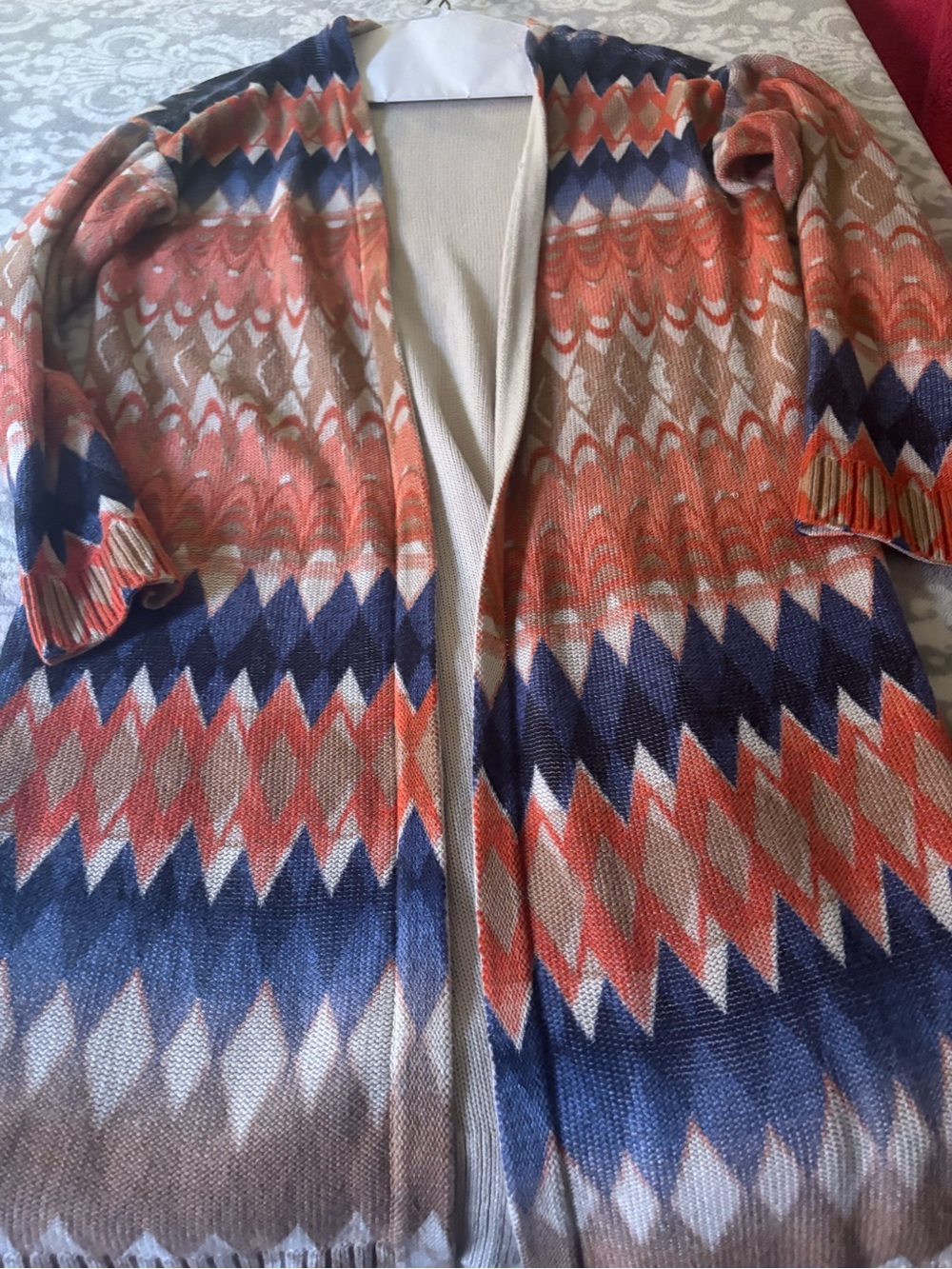 Chico's Open-Front Chevron Knit Cardigan in Coral, Blue & Tan